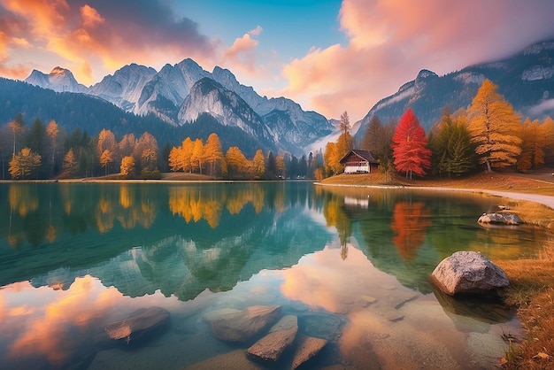 Belle scène d'automne du lac Hintersee Vue matinale colorée des Alpes bavaroises à la frontière autrichienne Allemagne Europe Beauté de la nature concept d'arrière-plan