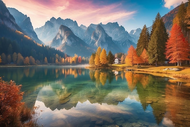 Belle scène d'automne du lac Hintersee Vue matinale colorée des Alpes bavaroises à la frontière autrichienne Allemagne Europe Beauté de la nature concept d'arrière-plan