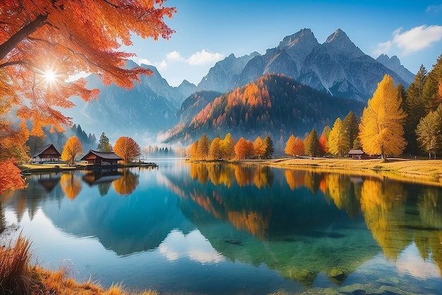 Belle scène d'automne du lac Hintersee Vue matinale colorée des Alpes bavaroises à la frontière autrichienne Allemagne Europe Beauté de la nature concept d'arrière-plan