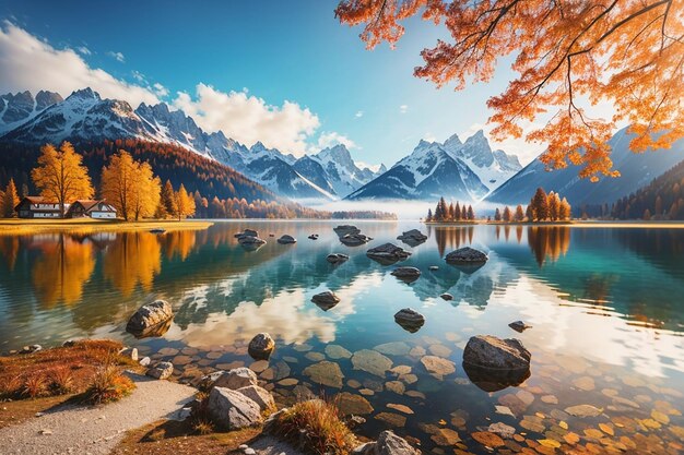 Photo belle scène d'automne du lac hintersee vue matinale colorée des alpes bavaroises à la frontière autrichienne allemagne europe beauté de la nature concept de fond