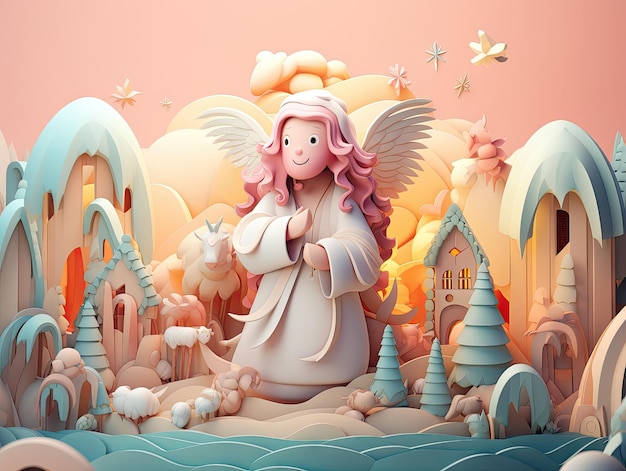 Belle scène de la Bible 3D style de personnage d'ange ludique de la Nativité de Jésus