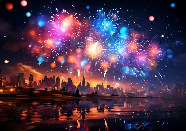 Une belle scène de célébration du Nouvel An avec un spectacle de feux d'artifice colorés