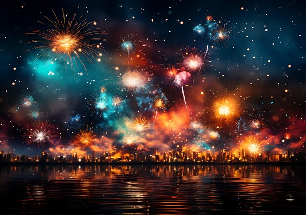 Une belle scène de célébration du Nouvel An avec un spectacle de feux d'artifice colorés