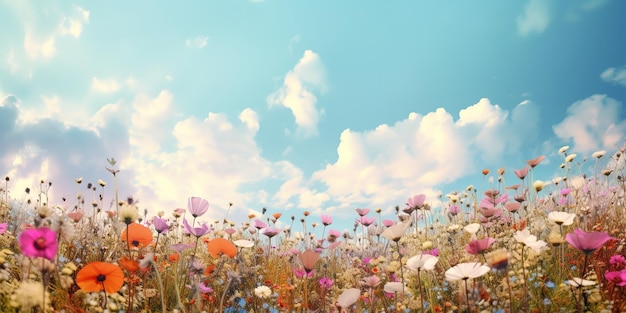 une belle scène avec un ciel bleu avec des nuages et un champ plein de fleurs