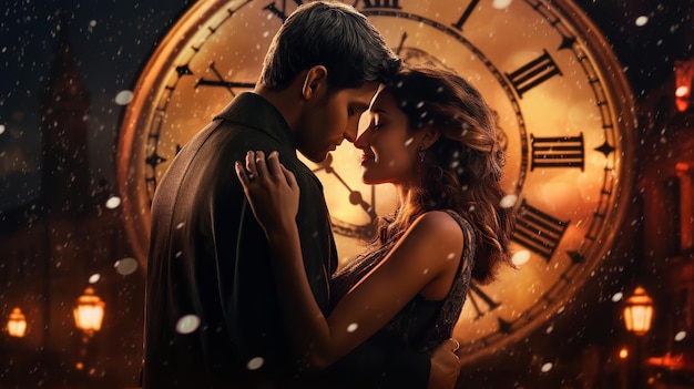 Une belle scène avec un couple s'enlaçant contre une grande horloge au loin. AI générative