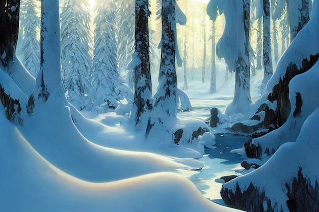 Belle scène de forêt d'hiver neige profonde ciel bleu temps ensoleillé givre