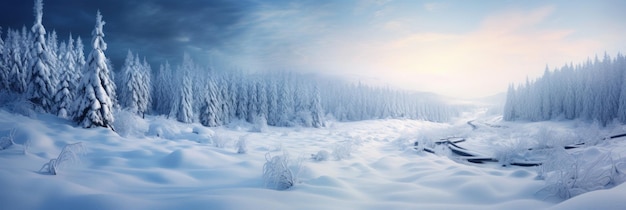 Belle scène glaciale d'épicéas et de sapins dans une nature sauvage enneigée mise en valeur par la lumière du soleil du matin Forêts de neige du pays des merveilles d'hiver Montagnes majestueuses et vastes étendues AI Générative