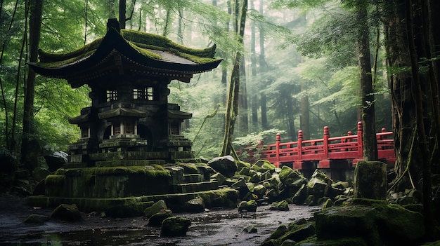 belle scène historique du Japon avec sanctuaire dans la forêt aso kumamoto