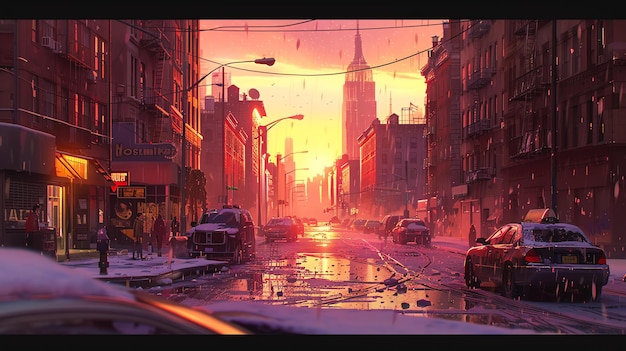 Une belle scène hivernale d'une rue enneigée de la ville avec un chaud coucher de soleil orange