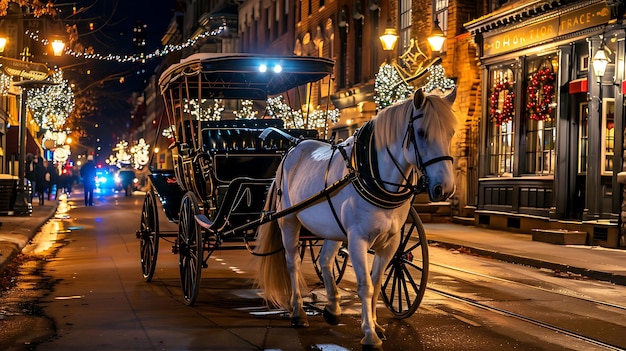 Photo une belle scène hivernale d'une voiture tirée par des chevaux dans une rue enneigée la nuit