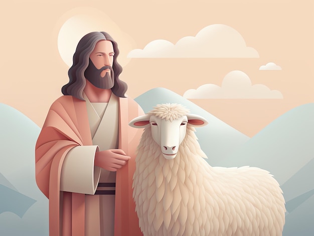 Belle scène de Jésus-Christ berger avec des moutons Illustration 3D du magazine éditorial