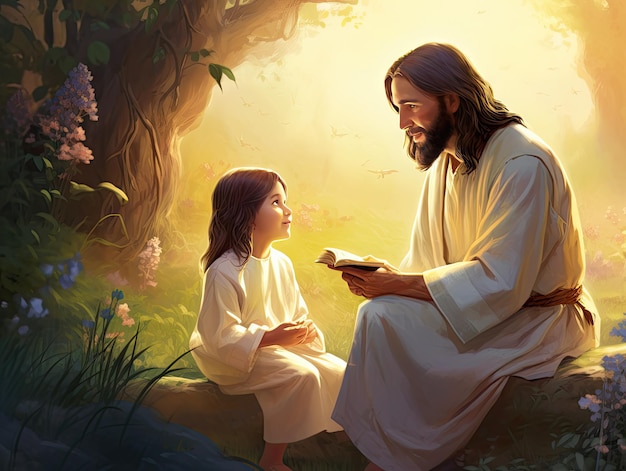 Belle scène de Jésus enseignant aux enfants lisant la Bible illustration colorée fond catéchèse