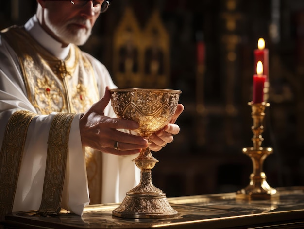 Belle scène de liturgie prêtre tenant un calice d'or fond de lumière douce et chaude Eucharistie