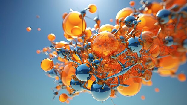 une belle scène de molécules chimiques dans l'air dans le style de l'orange et du bleu