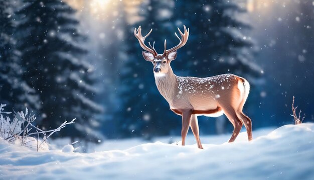 Photo belle scène de noël avec un cerf dans une forêt enneigée d'hiver