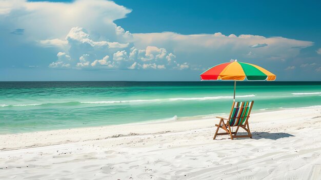 Photo une belle scène de plage avec une chaise de plage et un parapluie sur le sable blanc sous un ciel bleu avec des nuages blancs et des vagues d'océan vert