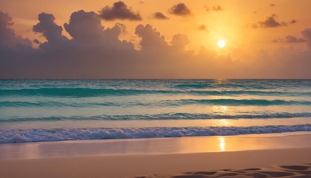 Une belle scène de plage avec un coucher de soleil sur l'océan