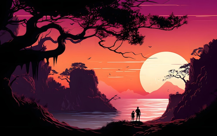 Photo une belle scène de plage dans le style de la chromaticité audacieuse de l'amour exotique du coucher de soleil