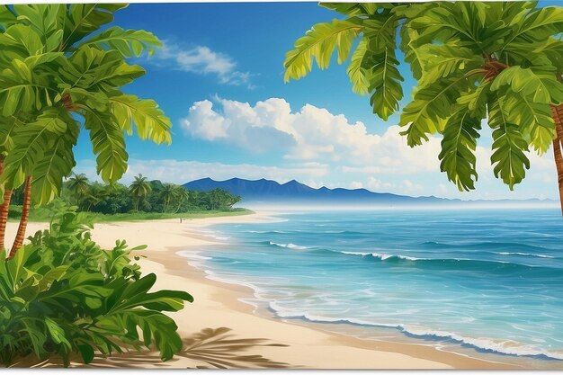 Belle scène de plage avec des feuilles de palmier