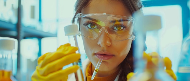 Photo une belle scientifique utilisant des micropipettes pour les tests laboratoire scientifique avancé pour le développement de la médecine, de la biotechnologie et de la microbiologie