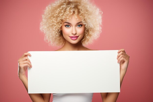 Une belle et séduisante femme blonde bouclée montrant un grand signe vierge