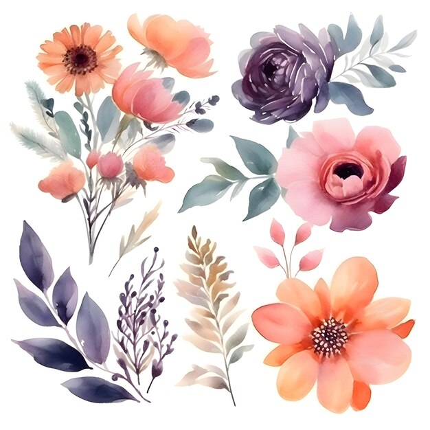 Belle série de fleurs à l'aquarelle vectorielle illustration dessinée à la main isolée sur fond blanc