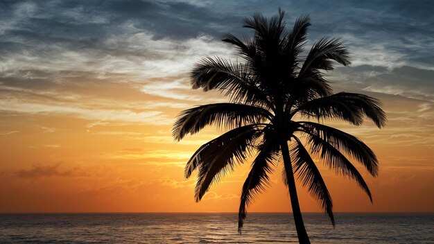 Belle silhouette de cocotier sur le ciel près de la plage de l'océan au coucher du soleil ou au lever du soleil