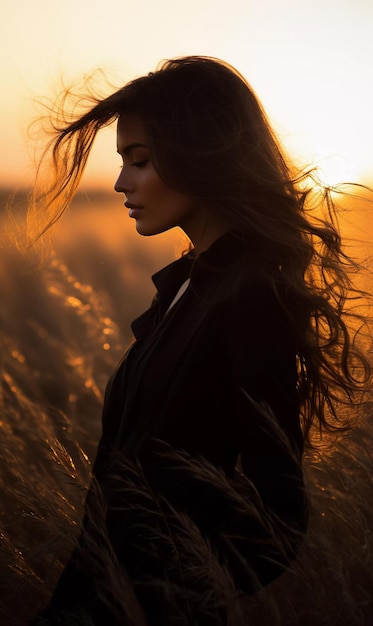 Belle silhouette féminine sur fond de coucher de soleil lumineux