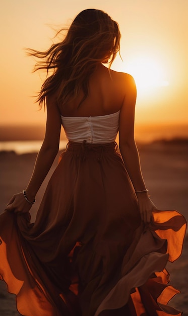 Photo belle silhouette féminine sur fond de coucher de soleil lumineux