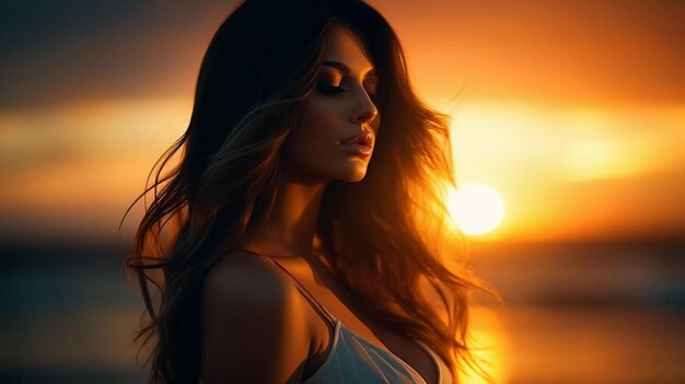 Photo belle silhouette féminine sur fond de coucher de soleil lumineux