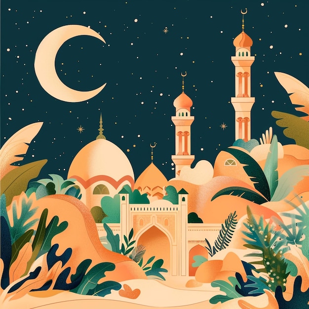 Photo belle silhouette de mosquée sur le fond de la nuit au clair de lune peut être utilisée comme bannière de brochure ou dessin de flyer pour la célébration des fêtes islamiques