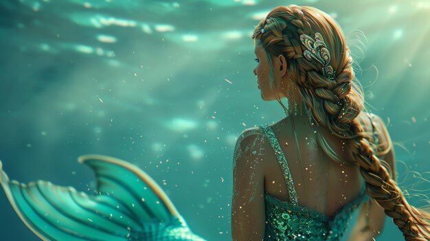 Photo une belle sirène aux longs cheveux bouillonnants et à la queue étincelante nage gracieusement à travers l'océan.