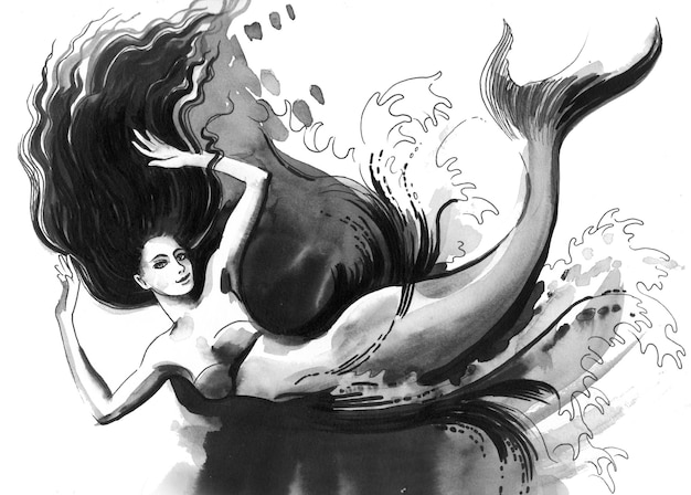 Belle sirène dans l'eau. Dessin noir et blanc à l'encre