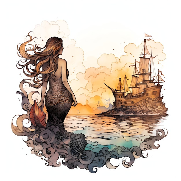 belle sirène regardant un navire lointain illustration clipart aquarelle gothique noir