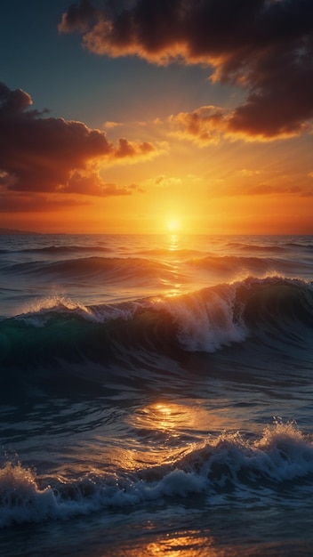 Belle soirée au coucher du soleil sur la plage avec des vagues et un beau ciel