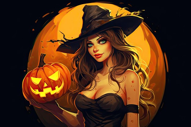 Belle sorcière d'halloween tenant une citrouille Générée par AI
