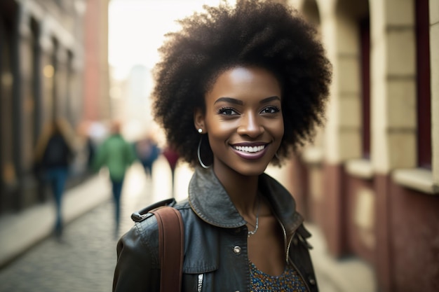 Belle et souriante femme afro-américaine regardant la caméra heureuse après avoir quitté son travail AI généré