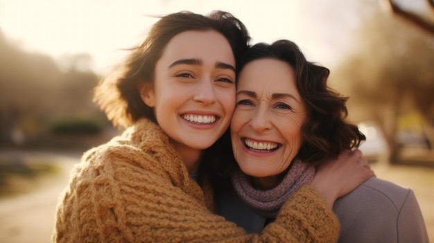 Belle souriante heureuse mère âgée mère avec jeune fille adulte deux femmes ensemble portant des vêtements décontractés embrassant câlin baiser