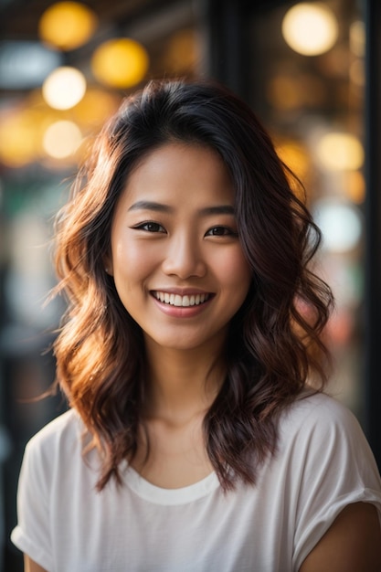 Belle et souriante jeune femme asiatique avec un t-shirt blanc