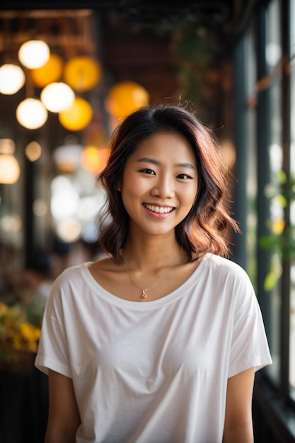 Belle et souriante jeune femme asiatique avec un t-shirt blanc