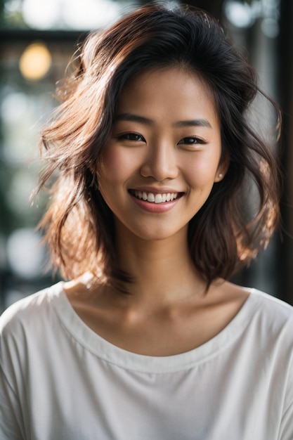 Belle et souriante jeune femme asiatique avec un t-shirt blanc