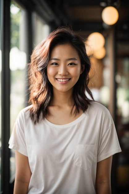 Belle et souriante jeune femme asiatique avec un t-shirt blanc