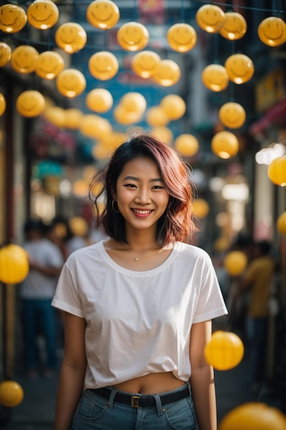 Belle et souriante jeune femme asiatique avec un t-shirt blanc