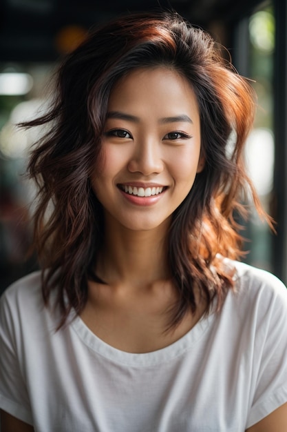 Photo belle et souriante jeune femme asiatique avec un t-shirt blanc