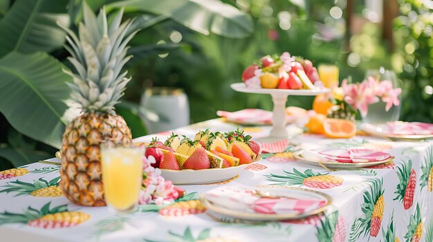 Une belle table avec un ananas, des fraises et d'autres fruits La table est disposée avec une nappe de table colorée et des serviettes