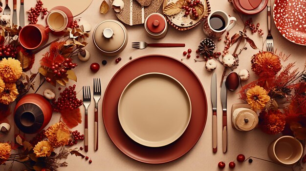 Belle table en Auntum et décoration de Noël dans le salon avec marron clair et rouge