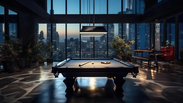 Une belle table de billard sur une grande terrasse IA générative