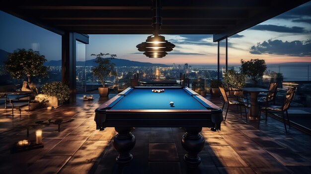 Une belle table de billard sur une grande terrasse IA générative