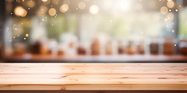 Une belle table en bois vide et un arrière-plan flou intérieur de cuisine moderne