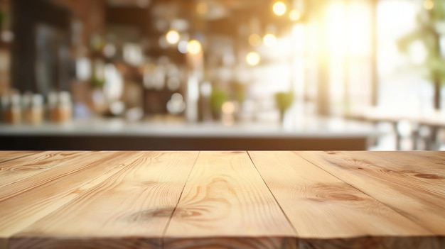 Belle table en bois vide et arrière-plan intérieur de cuisine moderne flou bokeh, propre et lumineux